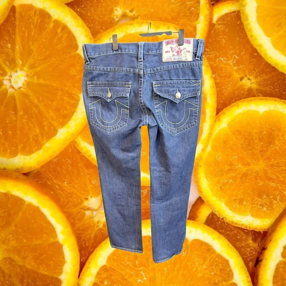 True Religion Billy Super T Mens Straight Leg Jeans Blue Yellow Stitch USA 36